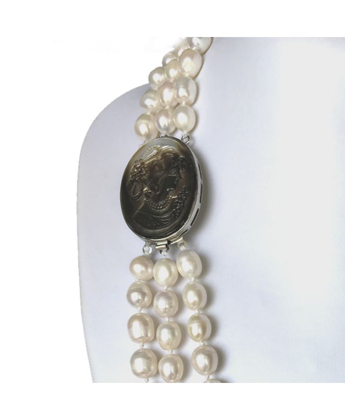 Жемчужное ожерелье белое  "Камея" овальные 12x10мм, 3 ряда