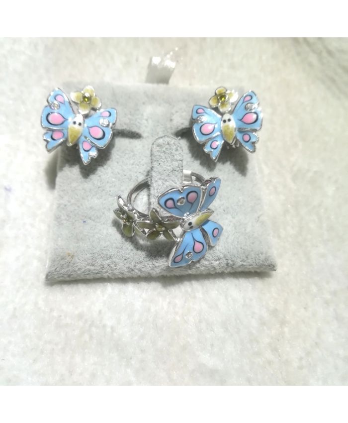 Серебро с эмалью "Бабочки", кольцо и серьги