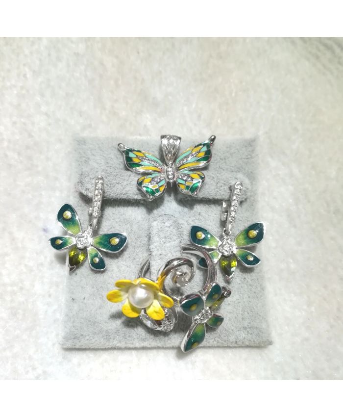 Серебро с эмалью "Бабочки", кольцо и серьги